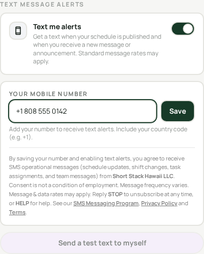 Screenshot of the Short Stack Crew opt-in screen under Settings → Notifications → SMS Notifications, showing the mobile number field, the enable control, and the SMS consent disclosure.